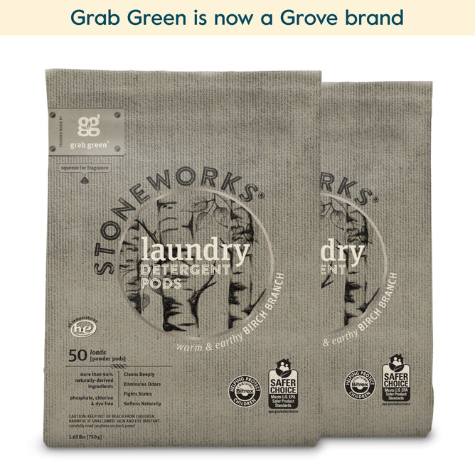 Two beige packages of grab green Stoneworks Laundry Detergent Pods - 2 Pack - Birch Branch (Coming Soon!) are shown. Safer Choice label, earthy birch branch scent, for 50 loads. Neutralizes odors and deeply cleans. Grab Green is now a Grove brand.