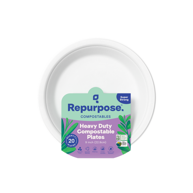 Repurpose Compostable Everyday Plates, 9-inch heavy duty, made from non-toxic sugarcane scraps, super strong, 20 plates per pack; packaging features a green and purple label with leaves and eco-friendly icons.