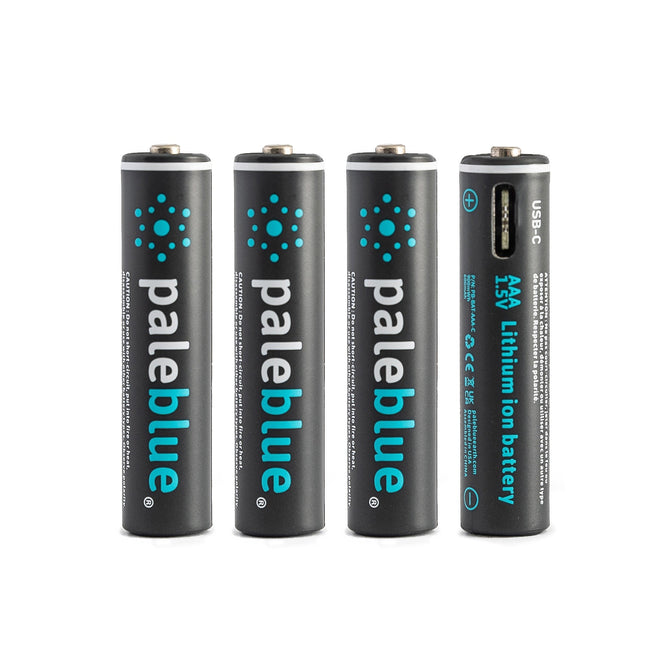 Four Paleblue AAA USB-C Li-ion rechargeable batteries with blue and white labeling stand upright in a row on a white background, one showing its USB-C charging specs.