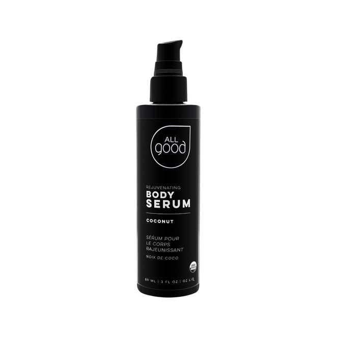 All Goods Body Serum comes in a sleek black bottle with a pump, infused with nourishing Sea Buckthorn Oil and a coconut scent. The label indicates 89 ml (3 fl oz) of product to rejuvenate your skin.