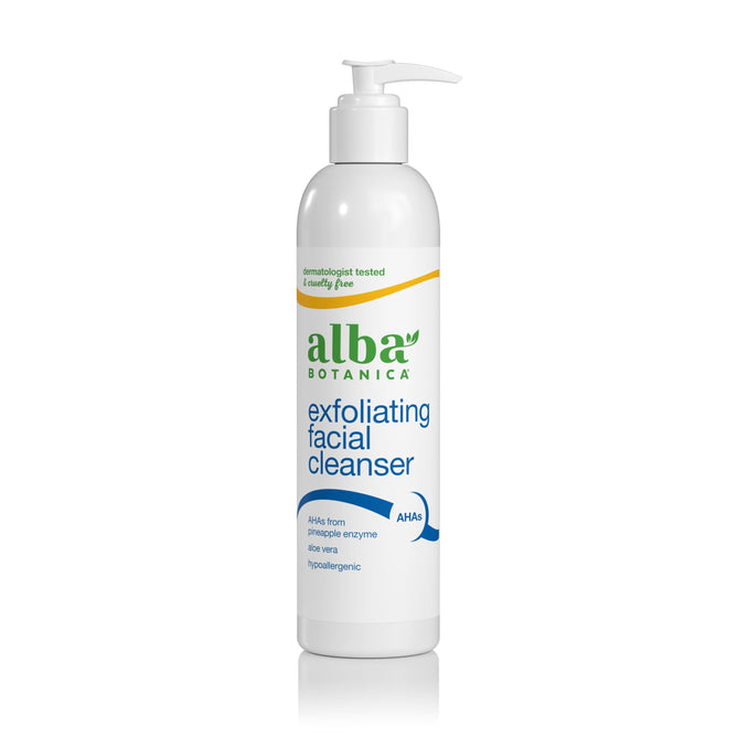 A white bottle of Alba Botanica Exfoliating Facial Cleanser with pump dispenser and green-blue text. This dermatologist-tested, cruelty-free cleanser contains AHAs to purify pores and promote a radiant complexion.
