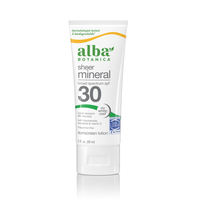 A 3 fl oz white tube of Alba Botanica Sheer Mineral - SPF 30 sunscreen, with green and orange accents. This water-resistant, biodegradable mineral formula is ideal for sensitive skin and leaves no white cast.