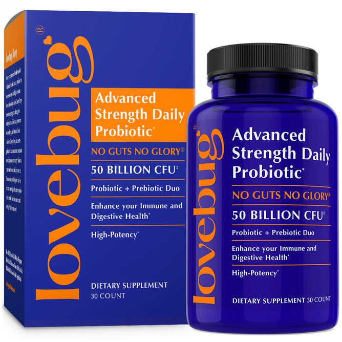 A blue bottle labeled Lovebug Advanced Strength Daily Probiotic for Men and Women with an orange and blue box beside it. Both note 50 Billion CFU, NO GUTS NO GLORY, and promote digestive/immune health with prebiotic fiber.