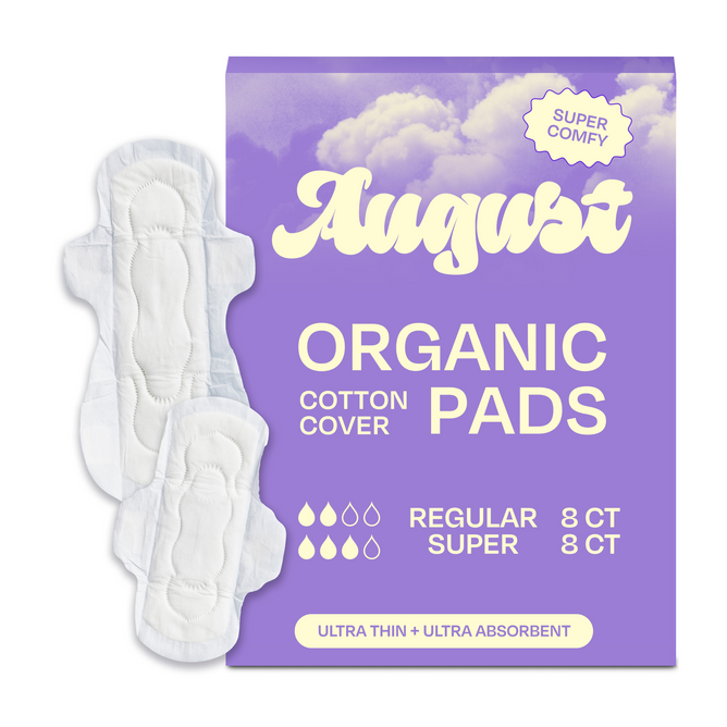 A purple box labeled August Combo Pad with two white pads beside it. The box highlights super absorbent, hypoallergenic, regular and super absorbency, and ultra thin + ultra absorbent organic cotton pads.