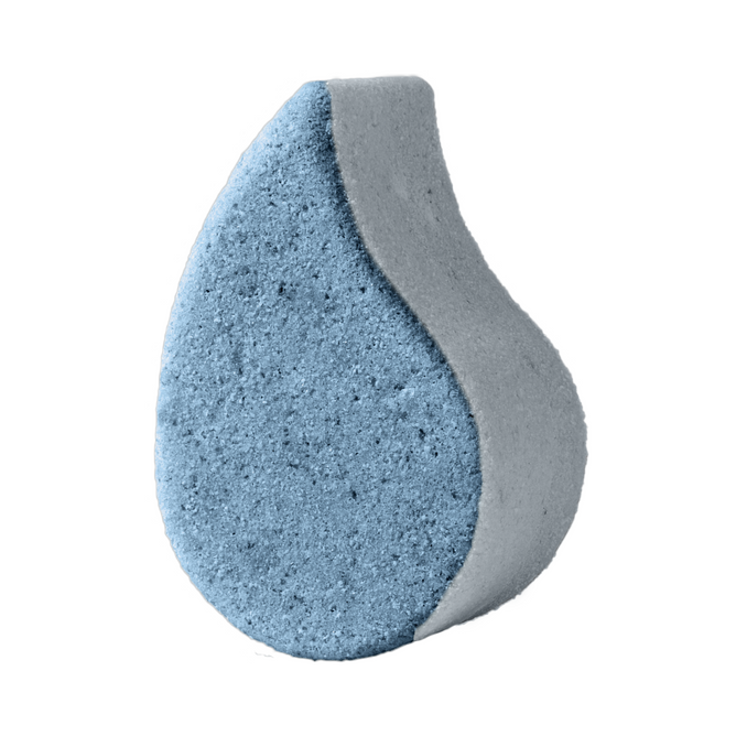 The Sand & Sea Bath Bomb by Pacha Soap Co. is a hand-crafted, teardrop-shaped bath bomb with a blue center and light gray edge, features soothing clary sage, and is showcased on a plain white background.