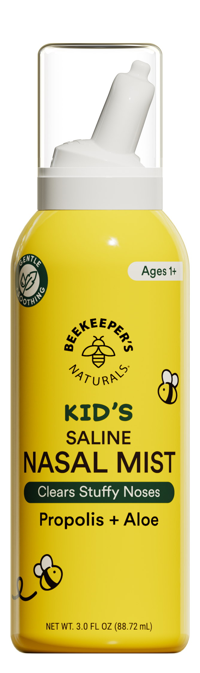 Beekeeper’s Naturals Kid’s Saline Nasal Mist for ages 1+ features propolis nasal spray and aloe leaf extract; the yellow spray bottle is labeled Gentle & Soothing and Clears Stuffy Noses, with bee illustrations.