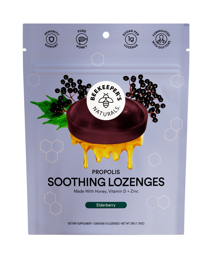 Beekeepers Naturals Elderberry Soothing Lozenges combine propolis, honey, mint, elderberries, vitamin D, and zinc for a tasty way to support immune health and overall wellness.