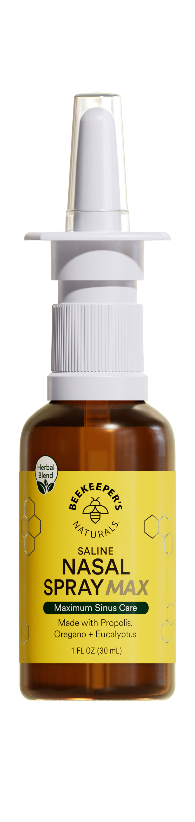 A brown bottle of Beekeepers Naturals Nasal Spray Max with a white nozzle, labeled for maximum sinus care, featuring propolis, xylitol, oregano oil, and eucalyptus. The label has yellow accents and a bee logo.