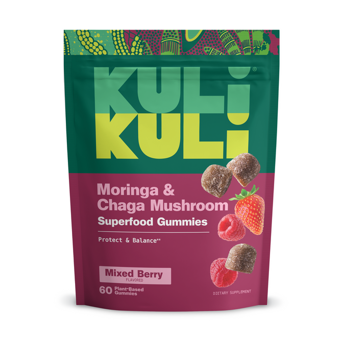 Kuli Kuli Foods’ Moringa & Chaga Mushroom SuperGummies, mixed berry flavor, feature plant-based gummies with strawberries and raspberries—enjoy 60 superfood gummies for a delicious, energizing boost.