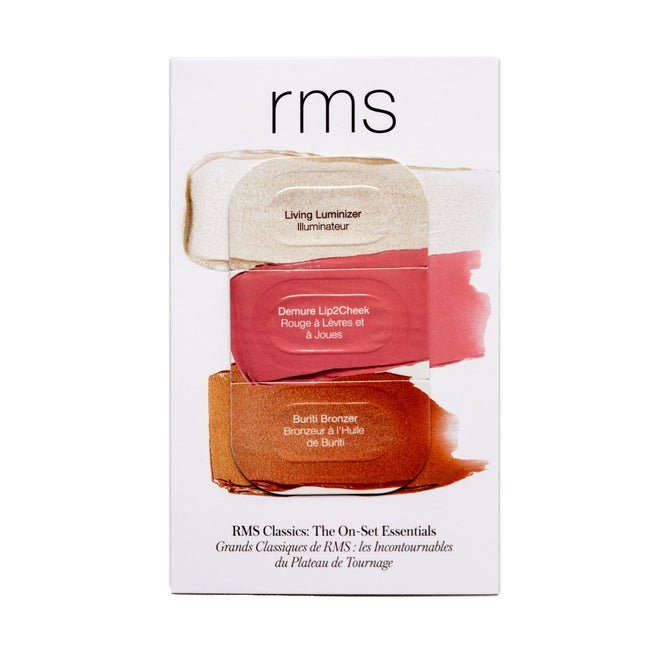 The RMS Beauty Classics Sample Card features Lip2Cheek in Demure, Living Luminizer highlighter, and Buriti Bronzer—perfect essentials for effortless beauty on the go.
