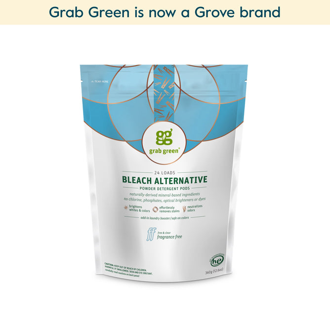 A package of grab green Bleach Alternative Pods (Coming Soon!) is shown against a white background. The top banner states, “Grab Green is now a Grove brand.”.