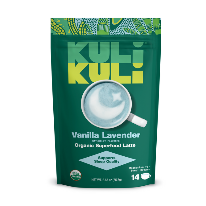 A green pouch of Kuli Kuli Foods Sleeptime Organic Superfood Latte, featuring a latte image. The package promotes sleep quality with calming lavender and chamomile and contains 14 servings.