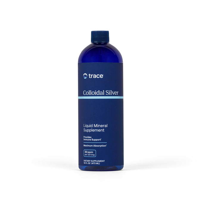 A 16 fl oz (473 mL) blue bottle of Trace Minerals Colloidal Silver 30 PPM, a liquid mineral supplement for immune support, made with proprietary technology.