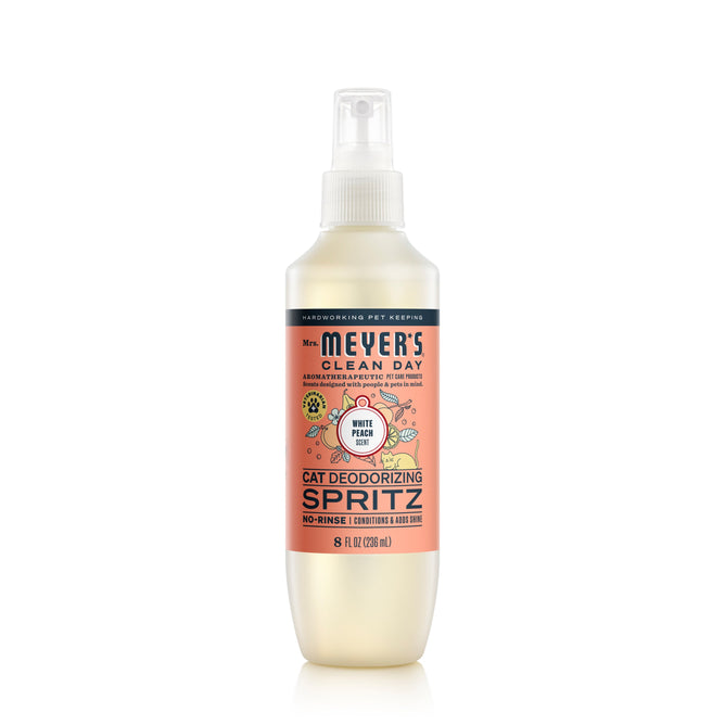 Mrs. Meyers Cat No-Rinse Shampoo, in a refreshing white peach scent, offers an expert pet odor reduction formula. Its 8 fl oz (236 mL) spray bottle is ideal for maintaining home freshness.