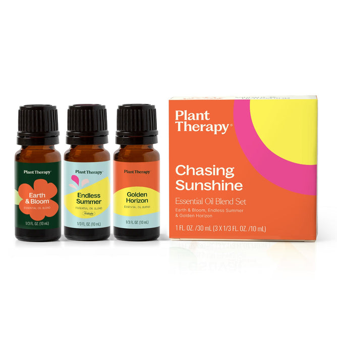 A set of three essential oil bottles labeled Earth & Bloom, Endless Summer, and Golden Horizon accompanies the Plant Therapy Home Aroma Trio Set box. This colorful packaging brims with circles and provides an array of natural fragrances to suit any mood.