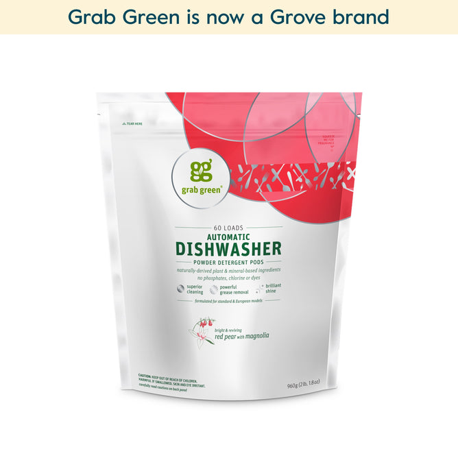 Grab Green Classic Automatic Dishwashing Detergent Pods - Red Pear with Magnolia (Coming Soon!) come in a white, resealable pouch with green and red accents, handle 60 loads, and offer eco-friendly, grease-removing cleaning for spotless dishes.