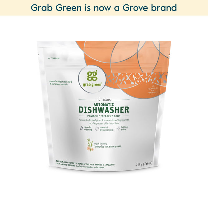 Grab green Classic Automatic Dishwashing Detergent Pods - Tangerine with Lemongrass (Coming Soon!) delivers powerful grease removal for spotless dishes. Experience the fresh scent as grab green joins the Grove family. Orange and white packaging.
