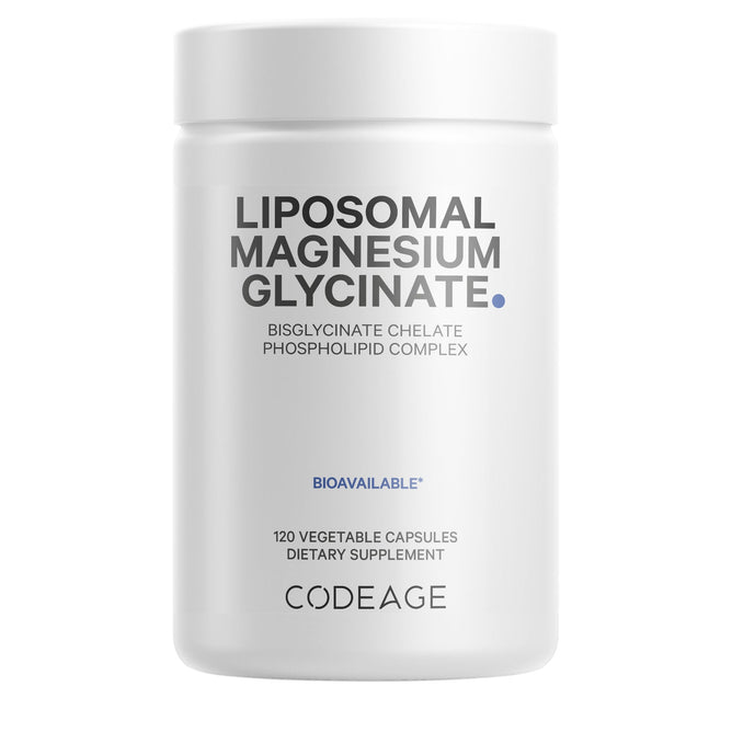 A white bottle labeled Magnesium Glycinate features Bisglycinate Chelate Phospholipid Complex beneath. It includes 120 veg capsules, is marked bioavailable with magnesium bisglycinate, and is a dietary supplement by Codeage.