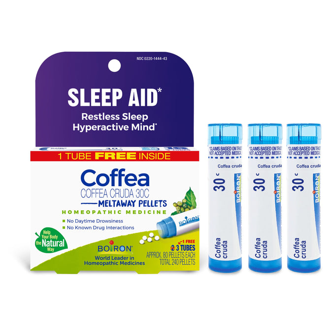 Boiron Coffea Cruda 30C Bonus Pack includes a box and 3 tubes of meltaway pellets, a homeopathic sleep aid labeled Restless Sleep, Hyperactive Mind that provides sleeplessness relief without drowsiness or drugs.