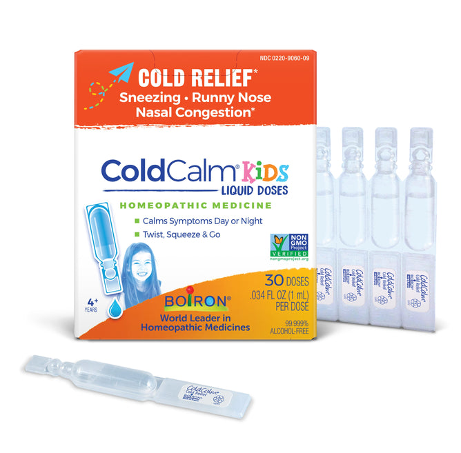 Boiron ColdCalm Kids Liquid Doses is a non-GMO cold medicine for children ages 4+, offering relief for sneezing, runny nose, and nasal congestion with 5 single-dose vials in each box.