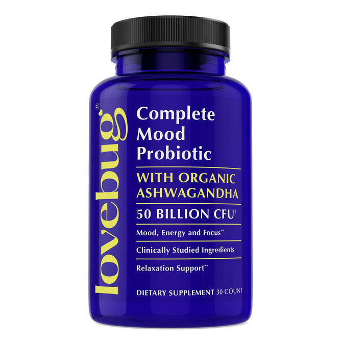 A blue bottle of Lovebugs Womens Health Daily Probiotic with Ashwagandha delivers 50 billion CFU. It supports mood, digestion, energy, focus, and relaxation with 30 dietary supplement capsules to enhance your well-being.