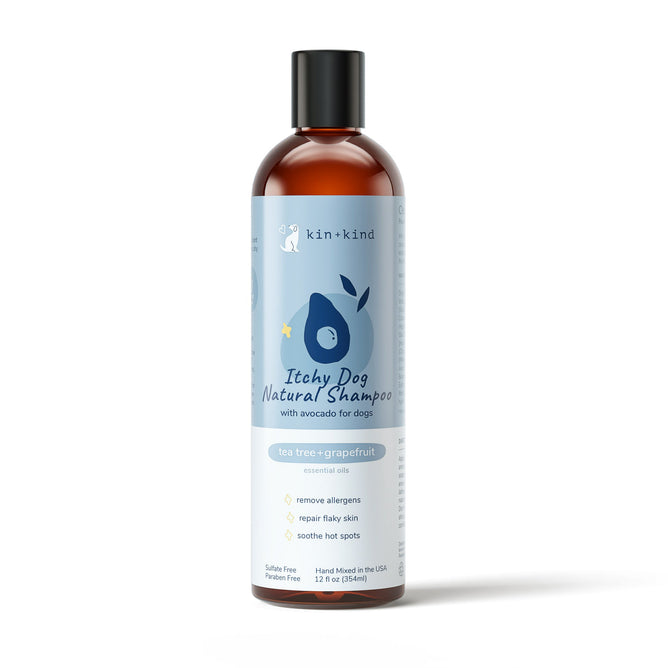 Kin+kinds Itchy Dog Shampoo comes in a 12 fl oz bottle with a blue label featuring avocado graphics. It contains vet-formulated tea tree and grapefruit essential oils to remove allergens, repair flaky skin, and soothe hot spots. Its sulfate-free.