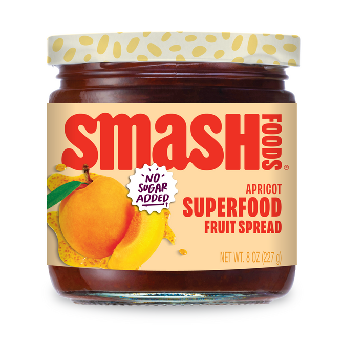 A jar of Smash Foods Superfood Jam - Raspberry, naturally sweetened with NO SUGAR ADDED, featuring an image of raspberries. This 8 oz (227 g) jar includes chia seeds for a nutritious boost.