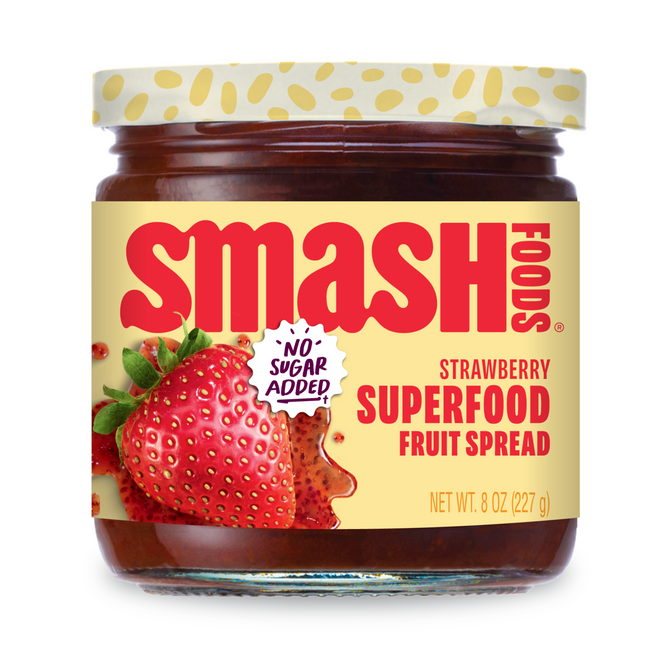 A jar of Smash Foods Superfood Jam - Strawberry with chia seeds, a large strawberry on the label, No Sugar Added!, and net weight 8 oz (227 g), shown on a white background.