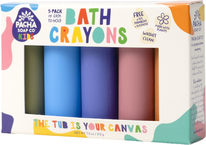 Pacha Soap Co.s Bath Crayon box offers five vibrant, plant-based crayons in yellow, blue, green, purple, and pink. Kid-safe formulas are non-toxic and paraben-free; crayons are easy to hold and wash off effortlessly.