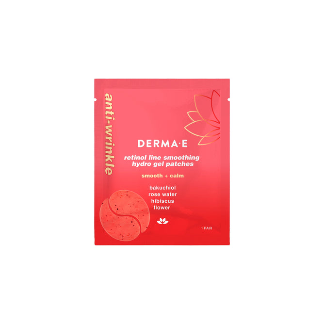 A red package of Derma Es Anti-Wrinkle Retinol Hydro Gel Patches features illustrations of two patches. It emphasizes ingredients like retinol bakuchiol, rose water, and hibiscus flower, and indicates its designed to address undereye wrinkles while smoothing and calming your skin.