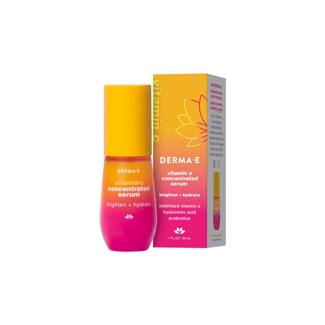 A Derma E Vitamin C Concentrated Serum bottle with packaging showcases its brightening benefits and hydrating power, featuring a vibrant yellow and pink design with a lotus motif.
