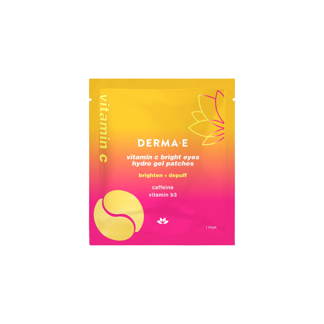 Derma Es Vitamin C Hydro Gel Patches feature vibrant yellow and pink packaging with floral graphics, offering benefits like brightening and reducing dark circles, thanks to caffeine and Vitamin B3. The pack includes an image of these innovative gel patches.