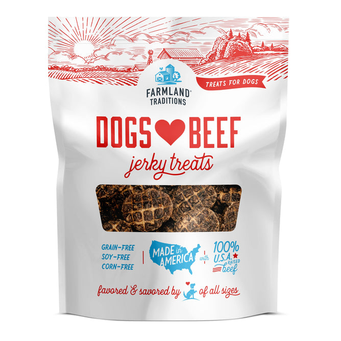 Farmland Traditions Dogs Love Beef Jerky Treats come in a white bag featuring a red farm scene. Made with 100% USA beef and USA-sourced ingredients, these premium dog snacks are grain-free, soy-free, corn-free, and allergen-free.