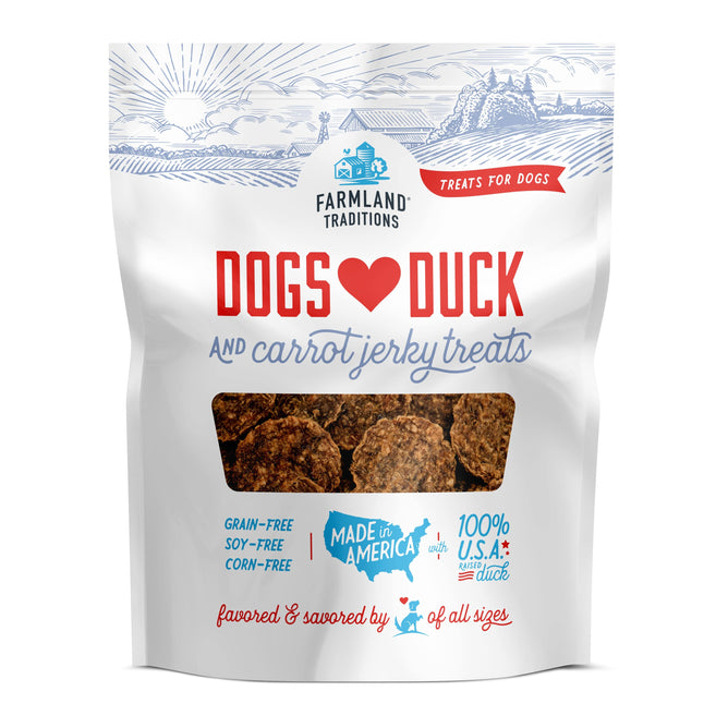A Farmland Traditions bag of Dogs Love - Duck and Carrots Treats highlights grain-free, soy-free, corn-free, USA-sourced ingredients and features illustrated landscapes and dog silhouettes for allergen-free enjoyment.