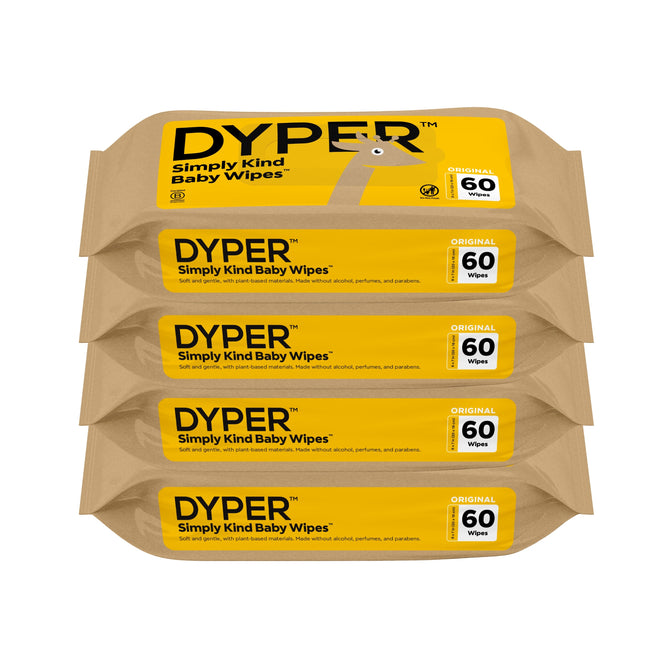 Four packs of DYPER Simply Kind Baby Wipes are stacked horizontally. Each yellow and brown pack has a simple cartoon giraffe on the label and contains 60 wipes.