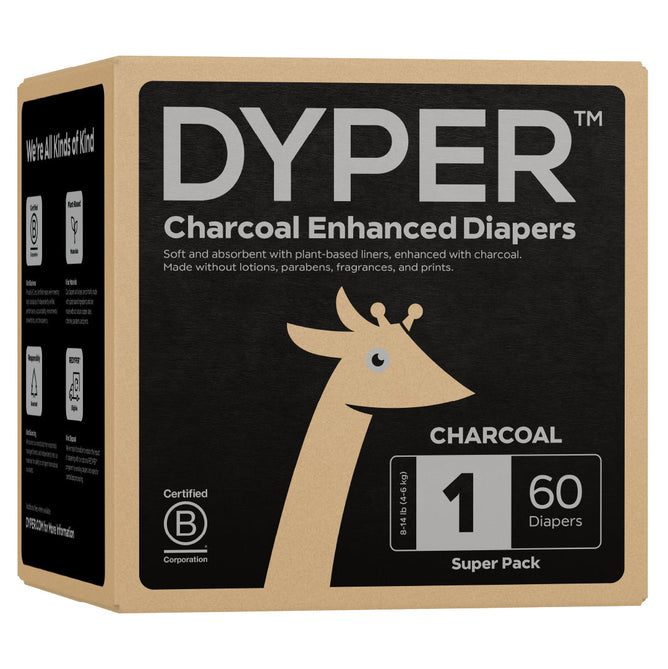 A box of DYPER Charcoal Enhanced Diapers - Day & Overnight for Sensitive Skin, size 1, contains 60 chlorine-free diapers with plant-based materials and no lotions, parabens, or fragrances; the box displays a giraffe illustration.