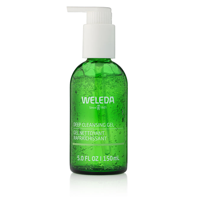 A green pump bottle of Weleda Deep Cleansing Gel holds 5.0 fl oz (150 ml); its clear gel cleanser shows air bubbles inside. The label is in English and French.