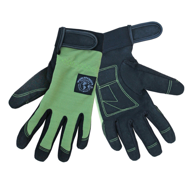 The Womanswork All-Purpose Gardening and Heavy-Duty Chores Gloves feature green and black fabric with reinforced stitching, Velcro straps, and a textured appearance. One glove showcases the logo, while the other reveals the palm side, ideal for tough tasks.