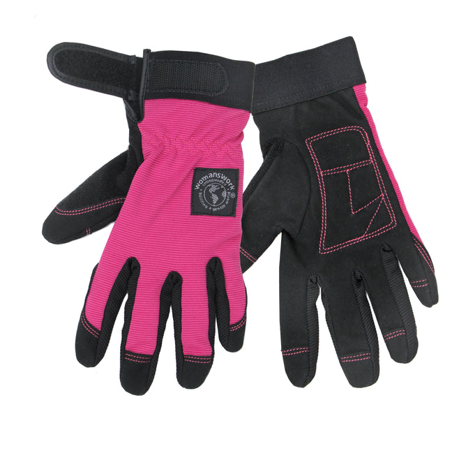 Womansworks All-Purpose Gardening and Heavy-Duty Chores Gloves for women feature a pink and black design with adjustable wrist straps, reinforced fingertips, and a black panel with red stitching and a logo label, offering durability and comfort for outdoor activities.