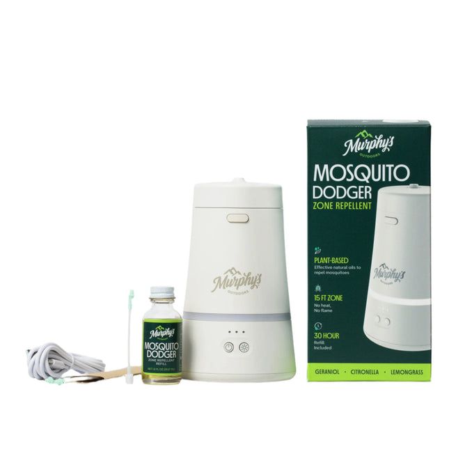 The image showcases the Mosquito Dodger Zone Repellent Device by Murphys Naturals, a portable and rechargeable kit with natural protection. It includes a white device, repellent liquid bottle, USB cable, and packaging highlighting plant-based ingredients like geraniol, citronella, and lemongrass.