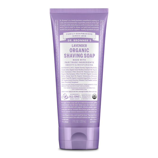 Dr. Bronner’s Organic Shaving Soap, 7 fl oz (207 mL), features a purple label and is made with organic, fair trade ingredients and pure castile soap for a gentle, moisturizing shave.