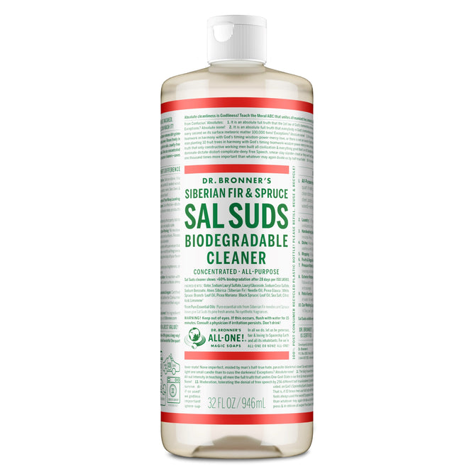 A 32 fl oz bottle of Dr. Bronner’s All-Purpose Cleaner, a cruelty-free, concentrated plant-based formula with a white cap and green and white label, scented with Siberian fir and spruce.