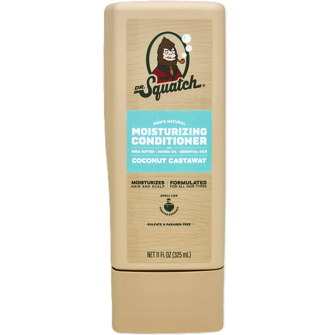 Dr. Squatchs 11 fl oz Moisturizing Conditioner in Beige Coconut Castaway scent is enriched with Avocado Oil for all hair types. It features a bearded character graphic, emphasizing its natural moisturizing properties.