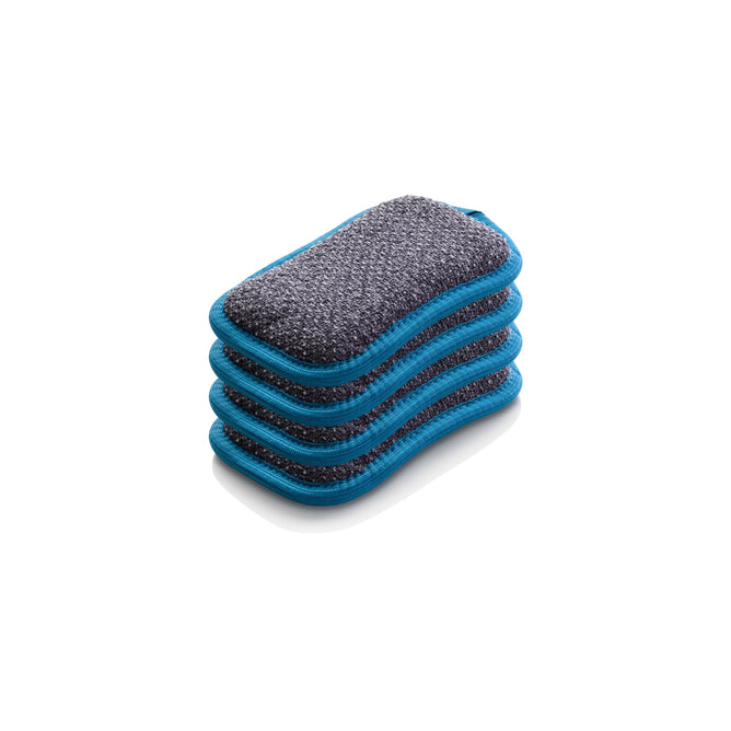 A stack of five rectangular E-Cloth Washing Up Pads, showcasing a gray scrubbing surface and turquoise edges, highlights the microfiber power against a crisp white background.
