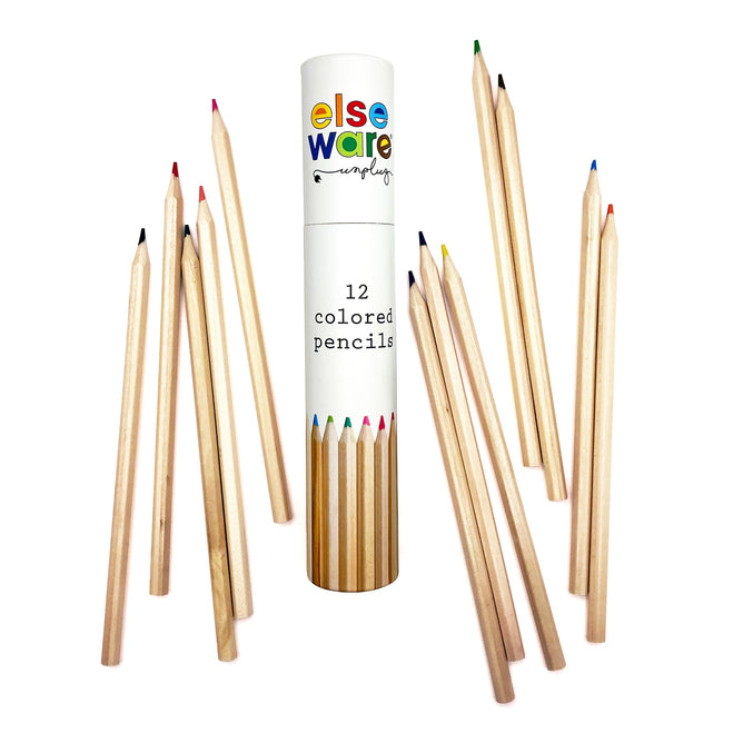 A set of 12 eco-friendly Elseware Unplug Colored Pencils arranged around a white tube labeled with colorful text and pencil tip illustrations—perfect for creative fun on the go.