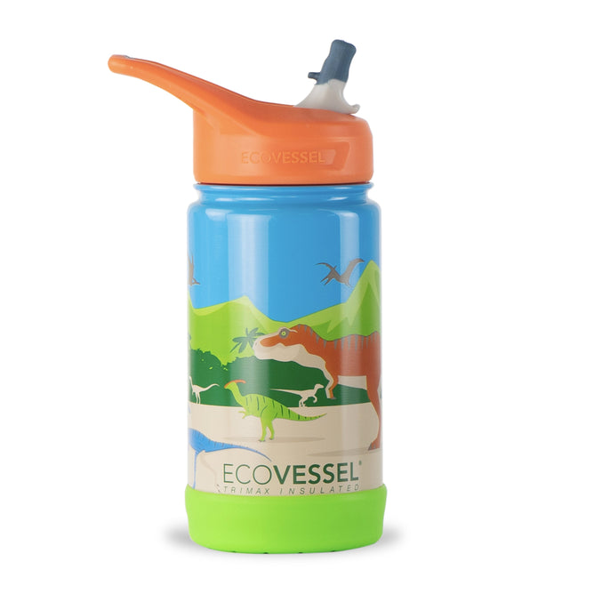 The TriMax® Triple Insulated Kids Water Bottle by EcoVessel features vibrant dinosaur illustrations with a T-Rex, 18/8 stainless steel, a blue body, lime green base, and an orange lid with spout and silicone straw. The EcoVessel name is prominently displayed on the front.