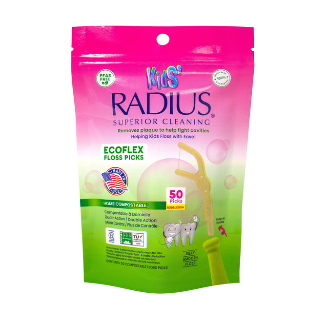 A pink and green pack of Radius Kids EcoFlex Floss Picks with Dual Action Handle Insert End features a cartoon giraffe, 50 eco-friendly, home-compostable picks, and helps fight cavities.
