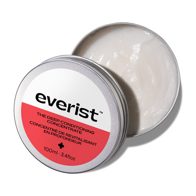 Everist The Deep Conditioning Concentrate Tin holds 100ml (3.4 fl oz) of creamy, hydrating formula with natural rosemary oil, suitable for all hair and skin types. The round tin features a red and white label.