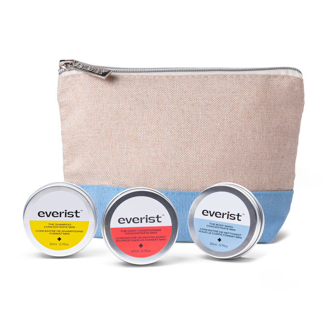 A beige and blue fabric zipper pouch from Everist sits behind three round tins of The Shower Essentials Travel Kit—shampoo concentrate, deep conditioner, and body wash concentrate—all neatly arranged in front.