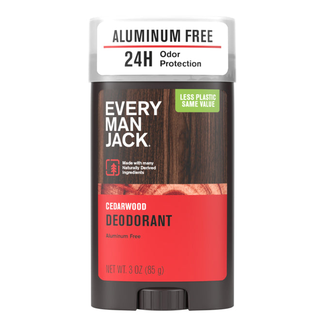 Every Man Jack Deodorant is aluminum free, made with naturally derived ingredients and includes Lichen Extract for odor protection; it comes in brown and red packaging with green and white accents.